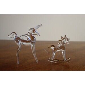 Unicorn Pegasus Rocking Horse Hand Blown Clear Glass Figurine Ornament Lot of 2